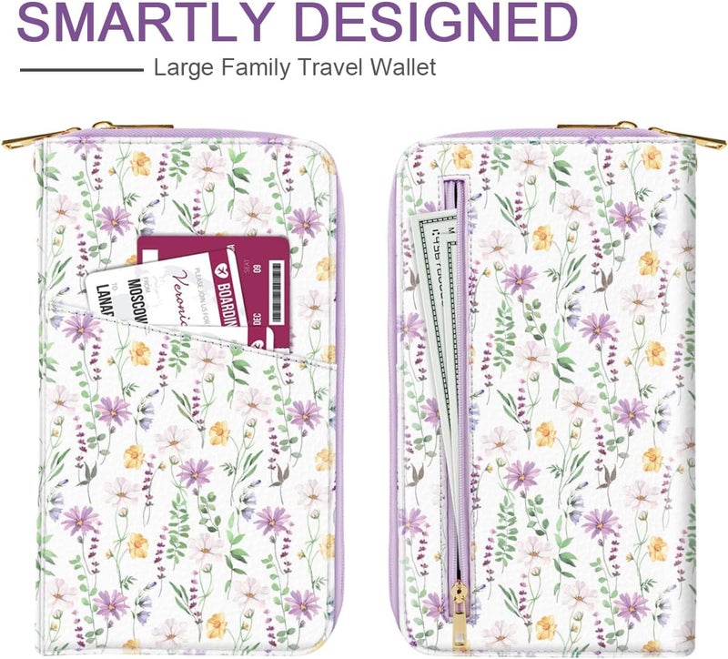 Simikol Family Passport Holder Wallet RFID Blocking Document Organizer PU Leather Mulit-purpose Travel Wallet Credit Cards Case for Women Men, White Daisy - Image 3